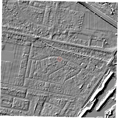 Shaded relief map of the ground around TW181PN, computed from Environment Agency LiDAR. The ground here sits at about 14 m above sea level and falls 6 m across the surrounding 800 m. Surface water reaching this point runs off ground lying to the north-west, 1.8 m higher.