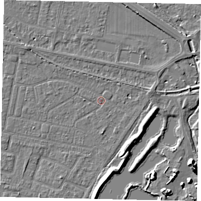 Shaded relief map of the ground around TW181PP, computed from Environment Agency LiDAR. The ground here sits at about 14 m above sea level and falls 11 m across the surrounding 800 m. Surface water reaching this point runs off ground lying to the north-west, 2.2 m higher.