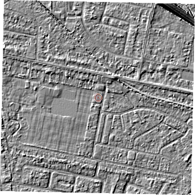 Shaded relief map of the ground around TW181PQ, computed from Environment Agency LiDAR. The ground here sits at about 14 m above sea level and falls 7 m across the surrounding 800 m. Surface water reaching this point runs off ground lying to the west-north-west, 1.4 m higher.