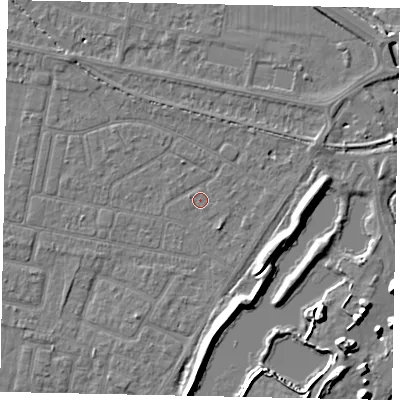 Shaded relief map of the ground around TW181PR, computed from Environment Agency LiDAR. The ground here sits at about 14 m above sea level and falls 9 m across the surrounding 800 m. The ground contributing surface water to this point lies to the south-east.