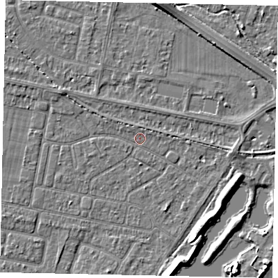 Shaded relief map of the ground around TW181PS, computed from Environment Agency LiDAR. The ground here sits at about 14 m above sea level and falls 6 m across the surrounding 800 m. Surface water reaching this point runs off ground lying to the west-north-west, 1.8 m higher.