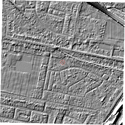 Shaded relief map of the ground around TW181PT, computed from Environment Agency LiDAR. The ground here sits at about 14 m above sea level and falls 7 m across the surrounding 800 m. Surface water reaching this point runs off ground lying to the north-north-west, 1.8 m higher.