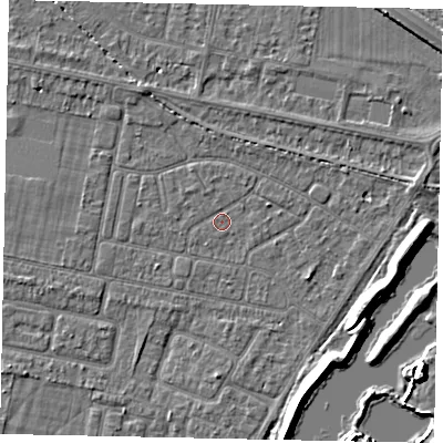 Shaded relief map of the ground around TW181PW, computed from Environment Agency LiDAR. The ground here sits at about 14 m above sea level and falls 6 m across the surrounding 800 m. Surface water reaching this point runs off ground lying to the south-west, 0.9 m higher.