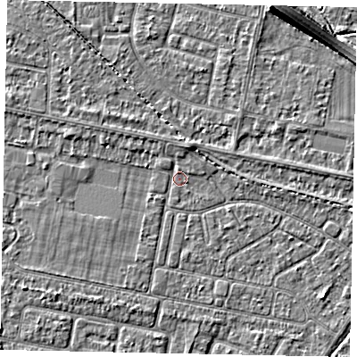 Shaded relief map of the ground around TW181PX, computed from Environment Agency LiDAR. The ground here sits at about 14 m above sea level and falls 7 m across the surrounding 800 m. Surface water reaching this point runs off ground lying to the north-north-east, 1.8 m higher.