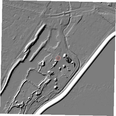 Shaded relief map of the ground around TW181QF, computed from Environment Agency LiDAR. The ground here sits at about 14 m above sea level and falls 14 m across the surrounding 800 m. Surface water reaching this point runs off ground lying to the south-south-west, 3.9 m higher.