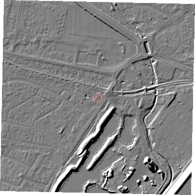 Shaded relief map of the ground around TW181QG, computed from Environment Agency LiDAR. The ground here sits at about 14 m above sea level and falls 13 m across the surrounding 800 m. Surface water reaching this point runs off ground lying to the east-north-east, 1.7 m higher.