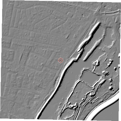 Shaded relief map of the ground around TW181QJ, computed from Environment Agency LiDAR. The ground here sits at about 14 m above sea level and falls 13 m across the surrounding 800 m. Surface water reaching this point runs off ground lying to the west-south-west, 1.2 m higher.