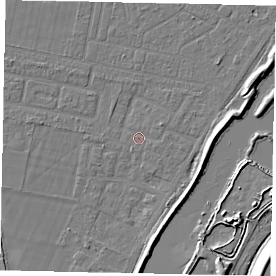 Shaded relief map of the ground around TW181QL, computed from Environment Agency LiDAR. The ground here sits at about 14 m above sea level and falls 12 m across the surrounding 800 m. Surface water reaching this point runs off ground lying to the east, 0.9 m higher.