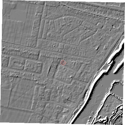 Shaded relief map of the ground around TW181QN, computed from Environment Agency LiDAR. The ground here sits at about 13 m above sea level and falls 8 m across the surrounding 800 m. Surface water reaching this point runs off ground lying to the east, 5.9 m higher.