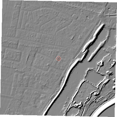 Shaded relief map of the ground around TW181QP, computed from Environment Agency LiDAR. The ground here sits at about 14 m above sea level and falls 12 m across the surrounding 800 m. Surface water reaching this point runs off ground lying to the south-south-west, 0.7 m higher.