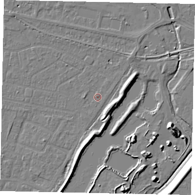 Shaded relief map of the ground around TW181QQ, computed from Environment Agency LiDAR. The ground here sits at about 14 m above sea level and falls 14 m across the surrounding 800 m. Surface water reaching this point runs off ground lying to the west, 1.0 m higher.