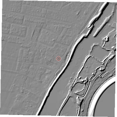 Shaded relief map of the ground around TW181QR, computed from Environment Agency LiDAR. The ground here sits at about 14 m above sea level and falls 12 m across the surrounding 800 m. Surface water reaching this point runs off ground lying to the north-north-west, 0.6 m higher.