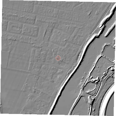 Shaded relief map of the ground around TW181QS, computed from Environment Agency LiDAR. The ground here sits at about 14 m above sea level and falls 12 m across the surrounding 800 m. Surface water reaching this point runs off ground lying to the north-north-east, 1.9 m higher.