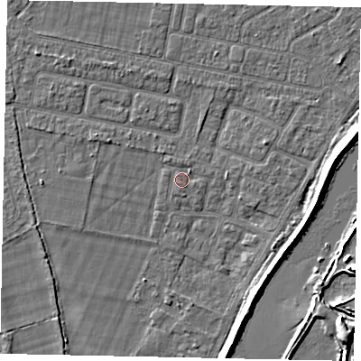 Shaded relief map of the ground around TW181QT, computed from Environment Agency LiDAR. The ground here sits at about 13 m above sea level and falls 9 m across the surrounding 800 m. Surface water reaching this point runs off ground lying to the north-west, 1.8 m higher.