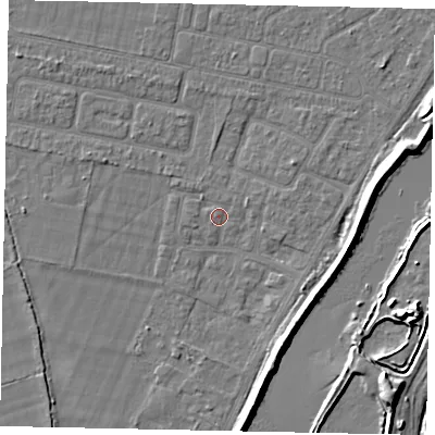 Shaded relief map of the ground around TW181QU, computed from Environment Agency LiDAR. The ground here sits at about 13 m above sea level and falls 9 m across the surrounding 800 m. Surface water reaching this point runs off ground lying to the north-east, 1.9 m higher.