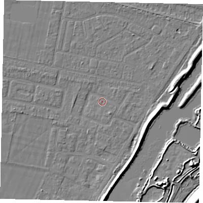 Shaded relief map of the ground around TW181QW, computed from Environment Agency LiDAR. The ground here sits at about 14 m above sea level and falls 12 m across the surrounding 800 m. Surface water reaching this point runs off ground lying to the south-south-east, 1.6 m higher.