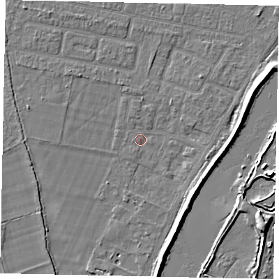 Shaded relief map of the ground around TW181QX, computed from Environment Agency LiDAR. The ground here sits at about 13 m above sea level and falls 9 m across the surrounding 800 m. Surface water reaching this point runs off ground lying to the west-north-west, 1.9 m higher.