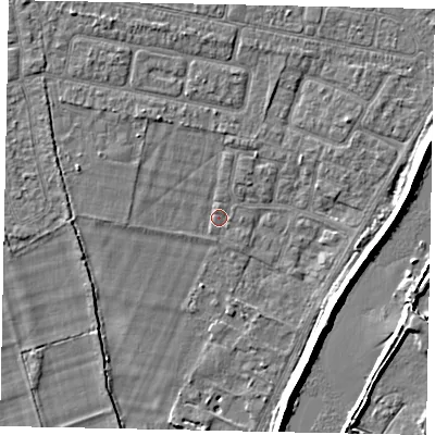 Shaded relief map of the ground around TW181QY, computed from Environment Agency LiDAR. The ground here sits at about 13 m above sea level and falls 7 m across the surrounding 800 m. Surface water reaching this point runs off ground lying to the west-north-west, 1.6 m higher.