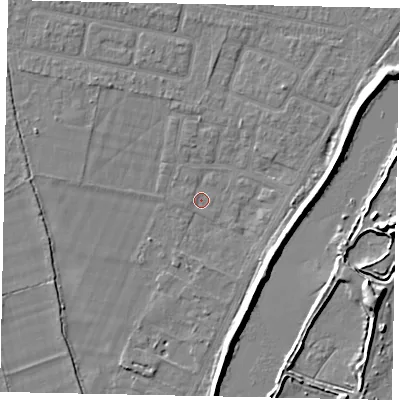 Shaded relief map of the ground around TW181QZ, computed from Environment Agency LiDAR. The ground here sits at about 13 m above sea level and falls 9 m across the surrounding 800 m. Surface water reaching this point runs off ground lying to the south-south-east, 6.6 m higher.