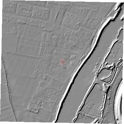 Shaded relief map of the ground around TW181RB, computed from Environment Agency LiDAR. The ground here sits at about 13 m above sea level and falls 12 m across the surrounding 800 m. Surface water reaching this point runs off ground lying to the south-south-east, 6.6 m higher.
