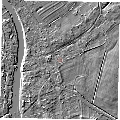 Shaded relief map of the ground around TW181RP, computed from Environment Agency LiDAR. The ground here sits at about 14 m above sea level and falls 4 m across the surrounding 800 m. Surface water reaching this point runs off ground lying to the south-south-west, 1.0 m higher.