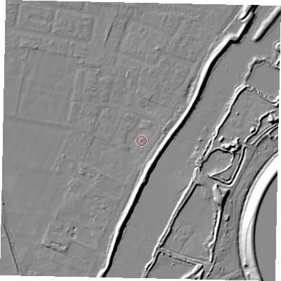 Shaded relief map of the ground around TW181RR, computed from Environment Agency LiDAR. The ground here sits at about 13 m above sea level and falls 13 m across the surrounding 800 m. Surface water reaching this point runs off ground lying to the south, 6.6 m higher.