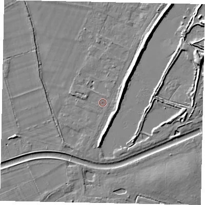 Shaded relief map of the ground around TW181RS, computed from Environment Agency LiDAR. The ground here sits at about 13 m above sea level and falls 9 m across the surrounding 800 m. Surface water reaching this point runs off ground lying to the east-north-east, 5.2 m higher.