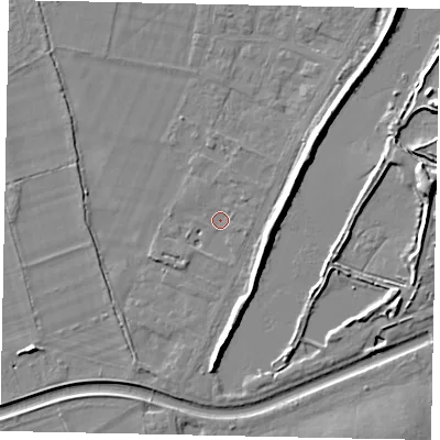 Shaded relief map of the ground around TW181RT, computed from Environment Agency LiDAR. The ground here sits at about 13 m above sea level and falls 9 m across the surrounding 800 m. Surface water reaching this point runs off ground lying to the east-south-east, 1.5 m higher.
