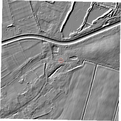 Shaded relief map of the ground around TW181RU, computed from Environment Agency LiDAR. The ground here sits at about 13 m above sea level and falls 7 m across the surrounding 800 m. Surface water reaching this point runs off ground lying to the south-west, 1.6 m higher.