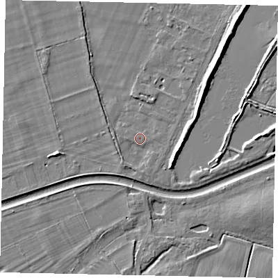 Shaded relief map of the ground around TW181RW, computed from Environment Agency LiDAR. The ground here sits at about 13 m above sea level and falls 8 m across the surrounding 800 m. Surface water reaching this point runs off ground lying to the east-north-east, 5.7 m higher.