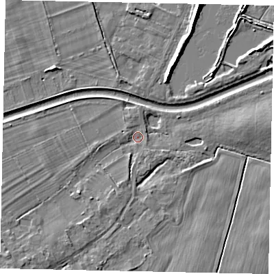 Shaded relief map of the ground around TW181RX, computed from Environment Agency LiDAR. The ground here sits at about 13 m above sea level and falls 7 m across the surrounding 800 m. Surface water reaching this point runs off ground lying to the south-west, 2.6 m higher.