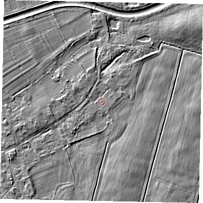 Shaded relief map of the ground around TW181RY, computed from Environment Agency LiDAR. The ground here sits at about 14 m above sea level and falls 4 m across the surrounding 800 m. Surface water reaching this point runs off ground lying to the north-north-east, 0.8 m higher.
