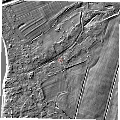 Shaded relief map of the ground around TW181RZ, computed from Environment Agency LiDAR. The ground here sits at about 13 m above sea level and falls 4 m across the surrounding 800 m. Surface water reaching this point runs off ground lying to the south-west, 3.2 m higher.