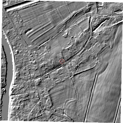 Shaded relief map of the ground around TW181SB, computed from Environment Agency LiDAR. The ground here sits at about 13 m above sea level and falls 4 m across the surrounding 800 m. Surface water reaching this point runs off ground lying to the south-west, 3.2 m higher.