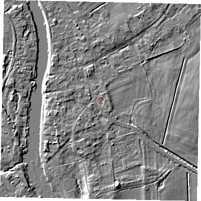 Shaded relief map of the ground around TW181SE, computed from Environment Agency LiDAR. The ground here sits at about 14 m above sea level and falls 7 m across the surrounding 800 m. Surface water reaching this point runs off ground lying to the north-east, 1.0 m higher.