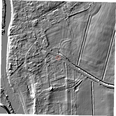 Shaded relief map of the ground around TW181SJ, computed from Environment Agency LiDAR. The ground here sits at about 14 m above sea level and falls 8 m across the surrounding 800 m. Surface water reaching this point runs off ground lying to the west-south-west, 1.1 m higher.