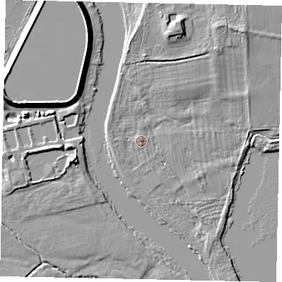 Shaded relief map of the ground around TW181SS, computed from Environment Agency LiDAR. The ground here sits at about 13 m above sea level and falls 9 m across the surrounding 800 m. Surface water reaching this point runs off ground lying to the north-north-west, 1.4 m higher.