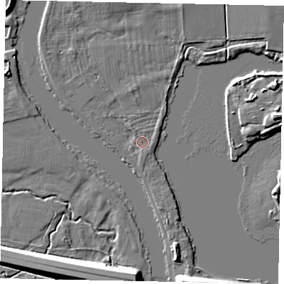 Shaded relief map of the ground around TW181SX, computed from Environment Agency LiDAR. The ground here sits at about 12 m above sea level and falls 10 m across the surrounding 800 m. Surface water reaching this point runs off ground lying to the south, 1.3 m higher.