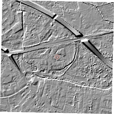 Shaded relief map of the ground around TW181TA, computed from Environment Agency LiDAR. The ground here sits at about 15 m above sea level and falls 8 m across the surrounding 800 m. Surface water reaching this point runs off ground lying to the north-north-west, 0.9 m higher.