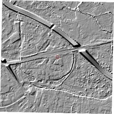 Shaded relief map of the ground around TW181TB, computed from Environment Agency LiDAR. The ground here sits at about 15 m above sea level and falls 8 m across the surrounding 800 m. Surface water reaching this point runs off ground lying to the north-north-east, 0.7 m higher.