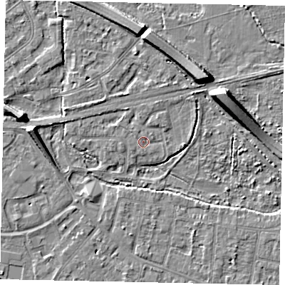 Shaded relief map of the ground around TW181TD, computed from Environment Agency LiDAR. The ground here sits at about 15 m above sea level and falls 8 m across the surrounding 800 m. Surface water reaching this point runs off ground lying to the north-west, 0.7 m higher.