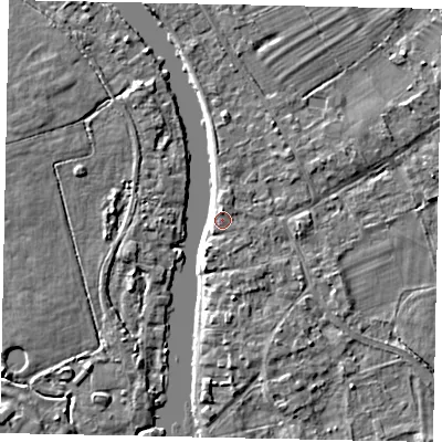 Shaded relief map of the ground around TW181UA, computed from Environment Agency LiDAR. The ground here sits at about 14 m above sea level and falls 4 m across the surrounding 800 m. Surface water reaching this point runs off ground lying to the south, 1.1 m higher.