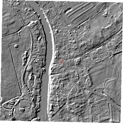 Shaded relief map of the ground around TW181UB, computed from Environment Agency LiDAR. The ground here sits at about 14 m above sea level and falls 4 m across the surrounding 800 m. Surface water reaching this point runs off ground lying to the south-west, 1.1 m higher.