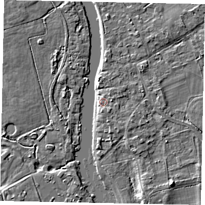 Shaded relief map of the ground around TW181UF, computed from Environment Agency LiDAR. The ground here sits at about 14 m above sea level and falls 7 m across the surrounding 800 m. Surface water reaching this point runs off ground lying to the east, 2.5 m higher.