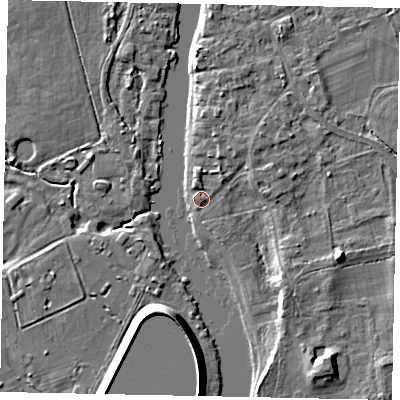 Shaded relief map of the ground around TW181UQ, computed from Environment Agency LiDAR. The ground here sits at about 14 m above sea level and falls 9 m across the surrounding 800 m. Surface water reaching this point runs off ground lying to the south-east, 3.8 m higher.
