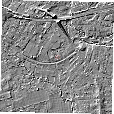 Shaded relief map of the ground around TW181XB, computed from Environment Agency LiDAR. The ground here sits at about 15 m above sea level and falls 7 m across the surrounding 800 m. Surface water reaching this point runs off ground lying to the west, 0.8 m higher.