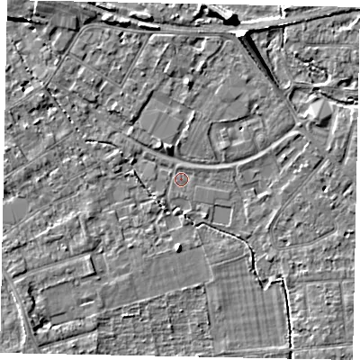 Shaded relief map of the ground around TW181XD, computed from Environment Agency LiDAR. The ground here sits at about 14 m above sea level and falls 7 m across the surrounding 800 m. Surface water reaching this point runs off ground lying to the north-north-east, 7.1 m higher.