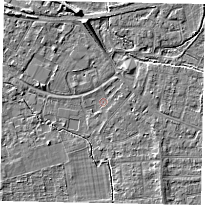 Shaded relief map of the ground around TW181XH, computed from Environment Agency LiDAR. The ground here sits at about 14 m above sea level and falls 7 m across the surrounding 800 m. Surface water reaching this point runs off ground lying to the north-north-east, 1.2 m higher.