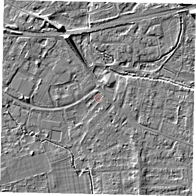 Shaded relief map of the ground around TW181XS, computed from Environment Agency LiDAR. The ground here sits at about 15 m above sea level and falls 8 m across the surrounding 800 m. Surface water reaching this point runs off ground lying to the north-north-west, 0.9 m higher.