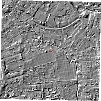 Shaded relief map of the ground around TW181YA, computed from Environment Agency LiDAR. The ground here sits at about 14 m above sea level and falls 4 m across the surrounding 800 m. Surface water reaching this point runs off ground lying to the west-south-west, 2.4 m higher.